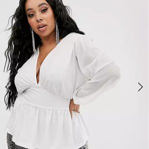 NWT ASOS DESIGN Curve mesh long sleeve top with corset waist in white SZ 14